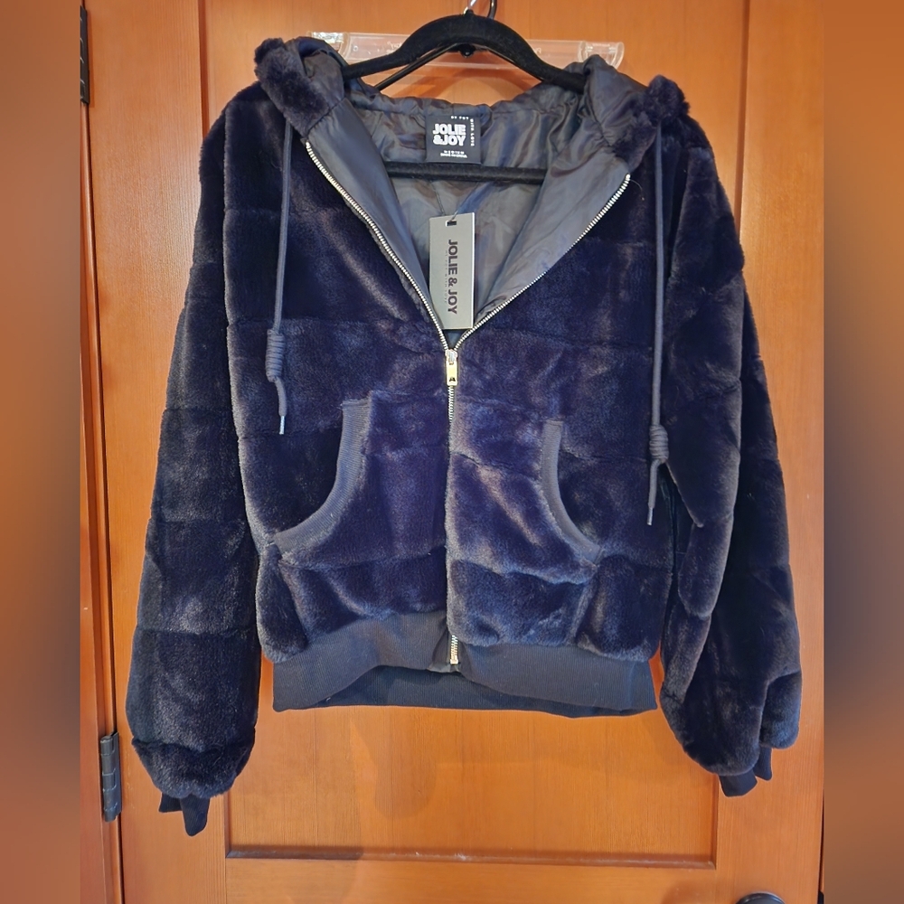 NWT Jolie & Joy BLACK Faux Fur Jacket Teddy SZ M